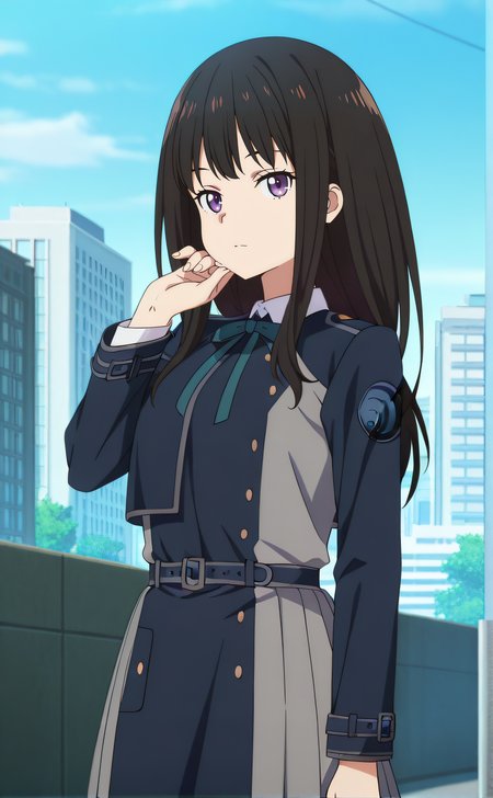 masterpiece, best quality, highres, newest, 1girl, solo, official style, anime screencap, <lora:Inuoe_Takina:1>, takina, black hair, purple eyes, lycoris uniform, expressionless, outdoor, city, day, looking at viewer, cowboy shot, hand up, five fingers