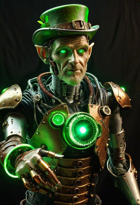 leprechaun, pot of gold coins,  cyborg, metallic arm, cybernetic eyes, green glowing eyes, wires, cables, weathered leather,  rusty gears, traditional Irish clothing, detailed, cinematic lighting