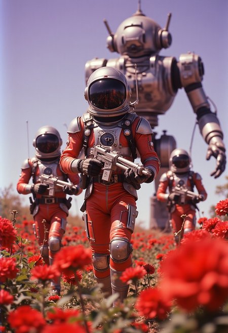 Vintage Sci-fi Movie scene of men wearing space suits and carrying scifi guns that look like plastic toys running through a field of red flowers with the sky having a purple hue, in the background is a large oversized robot.