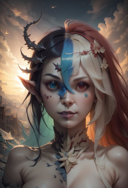 score_9_up, score_8_up, score_7_up, REALISTIC, DUALITY SEGMENTATION, 
MIX OF (girl) AND (monster),
HETEROCHROMIA, SPLIT-COLOR HAIR, 
mirrowed, Symmetrical
