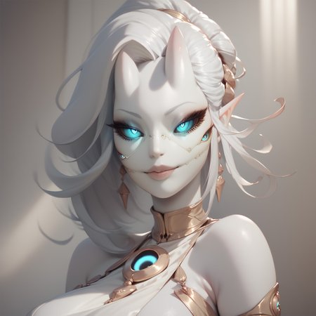 score_9, score_8_up, source_7up, Zamite, four eyes, horns, detailed four eyes, blue glowing eyes, detailed art, pale gray skin, modern cloth, white skin, long white hair, zPDXL3, , Expressiveh, sexy, breasts, dominant female, solo, butt, 