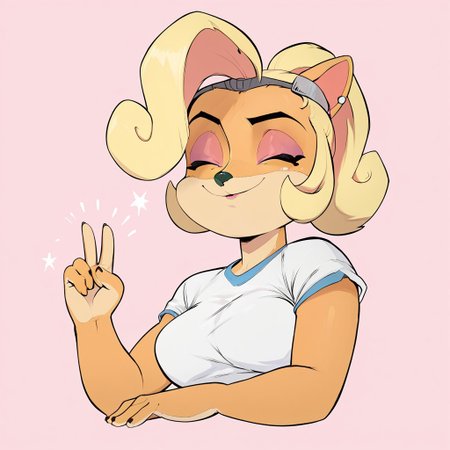 score_9, score_8_up, score_7_up, a female furry character, coco bandicoot, blonde hair, smiling, cute face, closed eyes, v hand pose, peace and love hand sign, breasts, 
Thick lineart, by usnarbit
Frontal view,  face close up