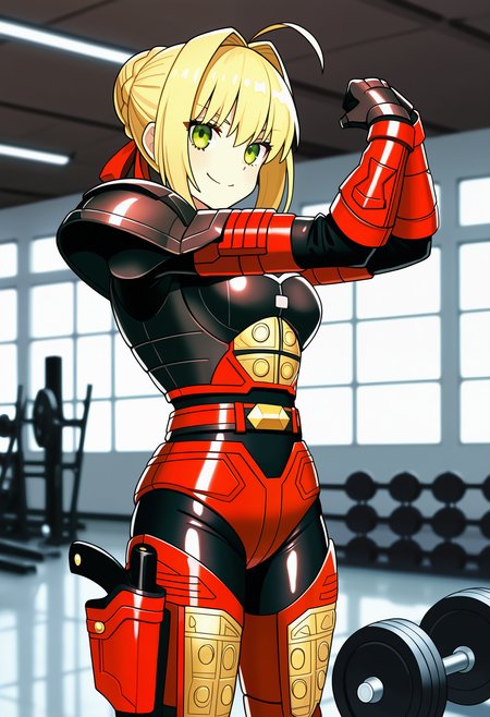1girl, solo, R3ddle, armor, bodysuit, shoulder pad, gloves, belt, holster, shiny clothes, nero claudius (fate), blonde hair, green eyes, flexing, looking at veiwer, smile, cowboyshot,
indoors, gym,
best quality, very aesthetic, masterpiece,