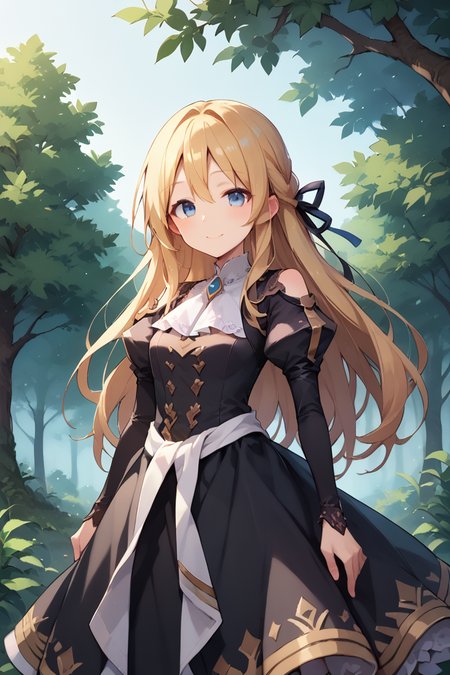 score_9, score_8_up, score_7_up, score_6_up, source_anime, BREAK, <lora:Yggdra:0.85> , yggdef, 1girl, blonde hair, long hair, blue eyes, hair ribbon, ascot, <lora:wrenchelegadomepnyxlb2:0.8> , wrenchelegadome, (black dress), puffy sleeves, golden embroidery, solo, smile, exterior, forest, cowboy shot, looking at viewer,  <lora:backgroundsetXL:0.3> , background,   <lora:Expressive_H:0.8> , expressiveh,  <lora:Anime Style 2 SDXL_LoRA_Pony Diffusion V6 XL:0.6>