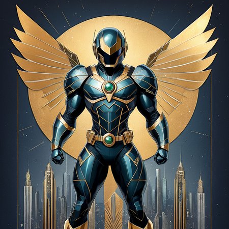 ArsMJStyle, Art Deco, <lora:add-detail-xl:1.2>,   <lora:Art_Deco:1>, Art Deco-inspired superhero, costume incorporating geometric patterns and metallic elements. Backdrop of stylized city skyline, dynamic pose emphasizing strong silhouette. Ray gun with chrome finish, helmet with wings motif. Comic book cover layout with bold typography, color scheme of gold, silver, and deep jewel tones.