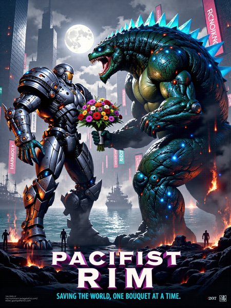 highly detailed cinematic movie poster with the text "PACIFIST RIM" in a bold, vibrant sci-fi-style font at the top and a tagline reading "Saving the world, one bouquet at a time" below it, with the movie credits at the bottom, in the foreground, a gigantic tailless humanoid bipedal mecha-robot and an equally massive kaiju with blue-green iridescent scales and bioluminescent accents stand face-to-face, the enormous mecha on the left is clad in battle-worn yet gleaming metallic armor plates, holding out a large bouquet of exotic, colorful flowers to the kaiju on the right, the kaiju looks surprised by the gesture, its grotesque, otherworldly, surreal form equipped with a row of cyan glowing crystalline spikes along its back, the setting is an urban waterfront, framed by towering skyscrapers and a shimmering ocean with soft waves behind them, the background is bathed in the glow of moonlight and flickering neon billboards with messages like "HARMONY" and "PEACE," tiny people on the ground below snap photos with their phones, while some onlookers stare in disbelief, behind the two titanic figures, the calm ocean glistens under the moonlight as distant ships drift by, the robot's posture is calm and serene, its large claw-like hands extended as it presents the bouquet, both figures express an aura of peace and harmony despite their intimidating size, the monstrous kaiju, though menacing, is curious and seemingly receptive to the offering, the overall mood is tranquil, a wide-angle shot captures both the robot and kaiju in their full, towering forms, emphasizing their colossal scale against the peaceful cityscape backdrop, the waterfront and moonlight add depth, while a low-angle shot looking up at the robot and kaiju further enhances their imposing size, the lighting is vibrant and saturated, with soft moonlight reflecting off the robotâs metallic surface, neon city lights providing colorful accents, lens flare, dappled lighting, mythp0rt, df_style, <lora:style-dark_fantasy-flux-by_crash:0.88> <lora:style-velvet's_mythic_fantasy-flux-by_velvets:0.92> <lora:image_enhancer-flux-by_dever:0.6>