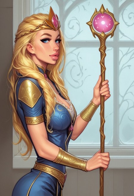 1girl, (((side view))), from front, solo, illustration, comic style, highly detailed, skinny, model body, looking at viewer, masterpiece, best quality, 1girl, masterpiece, best quality, fayenchantress, 1girl, solo, blonde hair, long hair, blue eyes, (young beauty, fit body:1.3), ((((magic shining orb in staff right hand, opened magic book in left hand)))), ((((full magic clothes, tiara)))), dynamic pose
<lora:FayEnchantress:0.9>
BREAK 
(((dark magic Observatory inside, night sky in window:1.6)))) score_9, score_8_up, score_7_up, score_6_up, source_cartoon, rating_explicit, Expressiveh, ((((upper body))))), dynamic pose