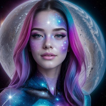 A close up portrait of a fantasy image of a woman's outline containing the entire galaxy inside of her, (galaxyma, galaxy makeup) <lora:GalaxyMakeup:0.4>, (transparent skin) <lora:Galaxy_Girl-V02:0.4>,  outer space background, perfect hair
