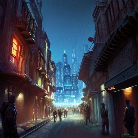 RAW photo, (masterpiece:1.3), subsurface scattering, heavy shadow, (high quality:1.4), (intricate, high detail:1.2), professional photography, HDR, High Dynamic Range, realistic, ultra realistic, photorealistic, high resolution, ambient lighting, atmospheric effects, OverallDetail, alley, building, city, hood, lamppost, multiple boys, multiple girls, neon lights, night, nightcity, outdoors, people, road, scenery, science fiction, sign, sky, skyscraper, solo, street, sunlight, weapon, epiCPhoto