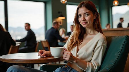 sci-fi style a slim elegant woman sitting in a cafe holding a large mug of coffee in her hands
she has a heavy lower lip and hollow cheeks, she appears to be 30 years old
her eyes are an intense green colour and her long flowing hair is a (brilliant auburn colour:1.2)
she's looking at the viewer across a low table, she's sitting in a large comfy chair with her feet tucked up beside her
she's wearing jeans and a (cropped:1.3) woolen jumper with a low neckline and  long baggy sleeves, it's knotted at the front
she looks very relaxed and happy, her eyes glitter, . futuristic, technological, alien worlds, space themes, advanced civilizations, score_9, score_8_up, score_7_up, hyperdetailed, hyperrealistic,  best quality, (masterpiece:1.3),high-definition, intricate details, volumetric lighting, symmetrical face, level eyes,