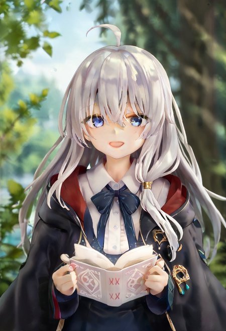 score_9, score_8_up, score_7_up, 1girl, solo,   elaina ,<lora:ElainaFinal-19:0.7>, <lora:add_detail:0.7>,  shirt, skirt, robe, bow, upper body, looking at viewer, day, light smile, outdoors,  open mouth,
