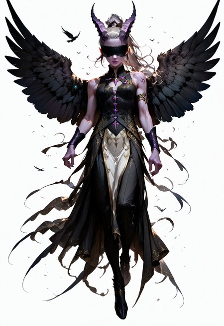 (absurdres, best quality, masterpiece:1.4), 
score_9, score_8_up, score_7_up, score_6_up, 
detailed, 
detailed body, 
detailed face, 
(((smooth skin, unbroken skin, detailed skin))), 
fantasy, 
alone, 

female, 
tiefling, 
h0rns, 
ram horns, 
black horns, 
tall, 
((((purple skin)))), 
((long grey hair, ponytail)), 
(((wingsd, black wings))),

floating, flying, wings open, 

(white robe, sleeveless, 
blindfold, black cloth blindfold), 

(((white background, plain background))), 
full body, 
front view, 