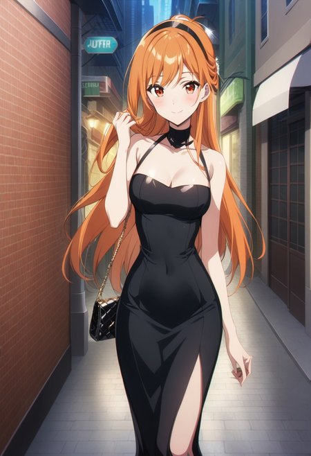 score_9, score_8_up, score_7_up, score_6_up, source_anime. 
BREAK 1girl, solo
BREAK orange hair, orange eyes, long hair, swept bangs, half-updo, Dongtan dress, black dress, glamorous, glitter, hair flip, handbag, hairband, smile, blush, outdoors, city, sidewalk, street
