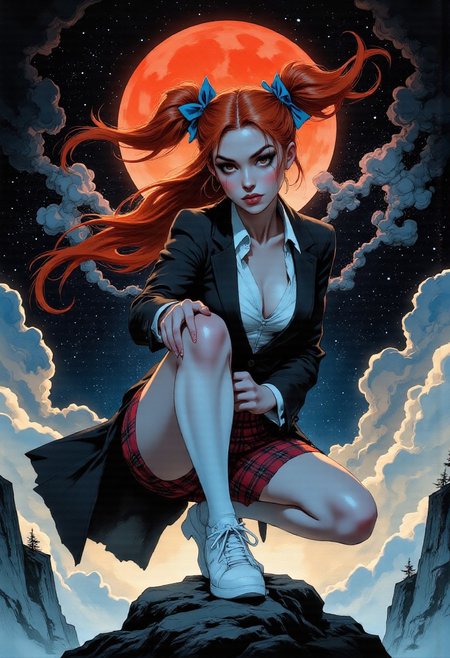 Ginger 
And the world went spinning wildly out of control, she was beautiful and I could not keep my eyes off her
,(long hair,long_twintails), ((blue hair ribbon)), small breasts, 
(looking ahead, serious, pure face), dynamic angle,  
,(clothes, blazer, plaid pleated skirt, messy hair ,, white thighhighs), , , night, girl ninja 
 ((,squatting)),(,windblown hair),
My hunger for her explains everything I've done 
To howl at the moon the whole night through And they really don't care if I do I'd go out of my mind but for you 
(((red moon, moon, , tree, waterfall, water, scenery, outdoors, sky, full moon, night, fog, mountain, branch, cliff, night sky, cloud, rock, cherry blossoms, nature, bare tree)))
Futuristic and Vintage stylized 
magical, ,bright, , Magical beautiful background fantasy,  hyper-detailed hypermaximalist dynamic style 
 texture style, realism, detailed, 
Dramatic lighting
Cinematic 
Epic composition 
Black background 
bo-golden,  ArsMJStyle, Zen Ink Wash Sumi-e, ArsMJStyle, Art Deco, Detailed hand, Hand, Perfect hand