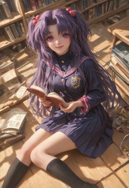 Masterpiece, official art, high resolution,score_9, score_8_up, score_7_up, score_6_up, rating_safe, semi-realistic, library, sitting, m legs, <lora:ichinose-kotomi-xl-20:1.2>, ichinose kotomi, realistic skin texture, clannad uniform, blue skirt,long skirt, black socks, two side up, holding a book, looking up, smile,extreme detailed