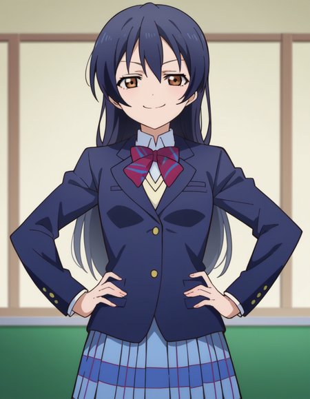 score_9, score_8_up, score_7_up, source_anime, <lora:umi-sonoda-s1-ponyxl-lora-nochekaiser:1>, umi sonoda, long hair, bangs, hair between eyes, brown eyes, blue hair,, skirt, school uniform, jacket, blazer, winter uniform, otonokizaka school uniform,, indoors, smug, smile, looking at viewer, solo, hands on hips,, cowboy shot, dutch angle