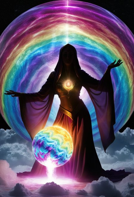 Chiaroscuro. Towering a female wizard with flowing robes (jasmine from aladdin) mage silhouette of swirling iridescent shadows rippling with kaleidoscopic glow. Chest fissure reveals a radiant core bursting with gold, magenta, and electric blue. Surreal expanse of jagged crystalline magic ball shimmering with neon bioluminescence. Stormy skies alive with auroras and prismatic bursts casting rainbow patterns. Molten rivers of liquid light glow with purple and gold <lora:PornMaster-Fantasy style-V1:0.7>