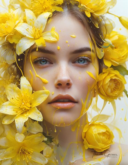 glamorous photo Art by florist Mandy Disher, digital illustration, portrait of a beautiful lady, perfect anatomy, centered, yellow lemon theme, multiple shades of yellow, burst of lemon zest and juice, close to perfection, dynamic, very detailed, watercolor, ArtStation, concept art, blur, sharp focus, illustration, Carne Griffiths, Wadim Kashin. . high fashion, luxurious, extravagant, stylish, sensual, opulent, elegance, stunning beauty, professional, high contrast, detailed  <lora:MJ52.safetensors:0.60>  <lora:Model\Anna_024.safetensors:0.70>