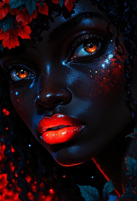 An extreme closeup face of an African woman with midnight black skin, wearing a glowing bright red lipstick, bright brown eyes, looking directly at the viewer, the bright red lipstick is a stark contrast to her dark skin, face fills out the frame, dark and light contrast, fashion photography, fantasy