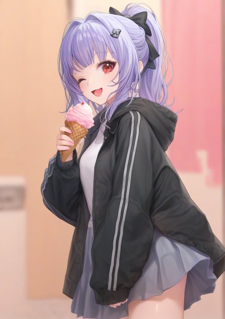 1girl, morino rinze, by kodoto, bobby pin, bow, food, hair bow, ice cream, ice cream cone, jacket, medium hair, one eye closed, open mouth, ponytail, purple hair, red eyes, sidelocks, skirt, solo, standing, zPDXL3  <lora:RUHEE:1>