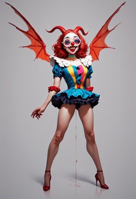 score_9, score_8_up, score_7_up, score_6_up, 
1girl, clown girl, 
roundglassesb, big round glasses, 
slim, slender, long legs, 
clown suit, frilly skirt,
wings, fangs, horns, sharp teeth,
 red liquind dripping from hands,
