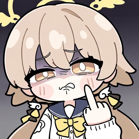 1girl, hifumi \(blue archive\), chibi, chibi, solo, from front, disgust, very disgusted, disdain, hate, white pupils, glaring, looking at viewer, wince, dark gradient background, middle finger, head tilt, upper body, best quality, amazing quality, best finished, <lora:NAImiyao:1>
