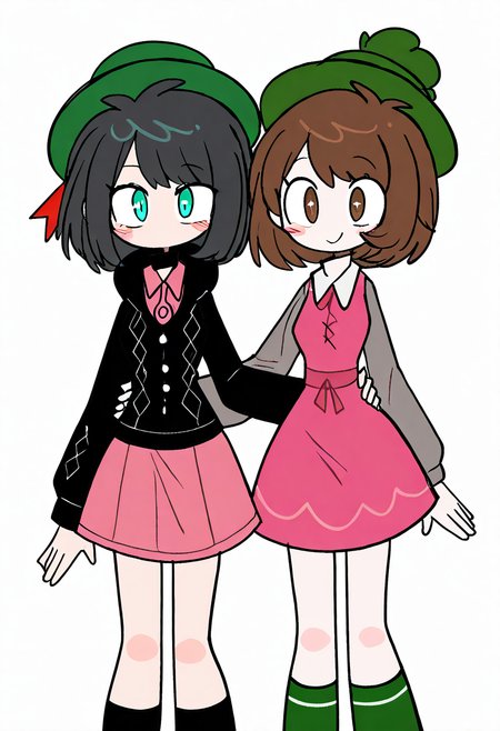 masterpiece, best quality, medium breasts, (curvy),   BREAK, 2girls, zzMarnie, aqua eyes, black hair, black choker, red ribbon, pink dress, jewelry, black jacket, open clothes, long sleeves, Gloria (pokemon), brown hair, brown eyes, green hat, grey cardigan, hooded cardigan, cable knit, pink dress, green socks, long sleeves, collared dress, blush, happy, arm around waist, hand towards viewer, ,curvy, <lora:MarnieGloriaPokemon_NAI:1.0>,smile, looking at viewer, cowboy shot,   <lora:ToonCAT_NAI:1.0>,