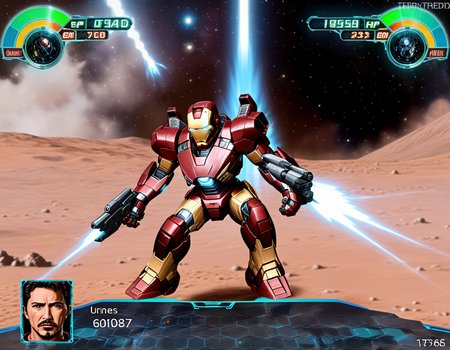 "0599",high quality,A strategic space combat scene in a mecha game interface, showcasing the iconic Iron Man in place of the traditional mecha. Tony Stark's confident and intelligent visage replaces the pilot's portrait, The Iron Man suit, detailed and glowing in the game's HUD, is poised for action, with high HP and energy levels emphasizing its power the tranquil expansion of space contrasts with the imminent high-tech warfare, <lora:rw4:0.67>