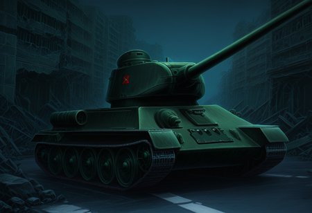 Graphic Design, color art, vibrant colors, colorful, intricate details, high contrast, detailed background, beautiful detailed, beautiful face, detailed eyes, detailed face, newest, new, t3485, no humans, tank, military vehicle, vehicle focus, street, ruins, cinematic lighting, dark, 