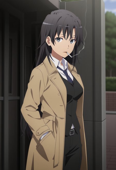 1girl,solo,Shizuka,black hair,long hair,breasts,anime coloring,
formal,trench coat, open coat,hand in pocket, cigarette, cowboy shot, looking at viewer, outdoors
,masterpiece,best quality,amazing quality,<lora:Shizuka_Hiratsuka-Yahari_Ore_no_Seishun_Love_Comedy_wa_Machigatteiru:0.85>