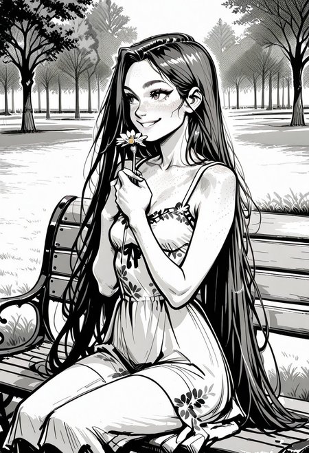 masterpiece, best quality, 32k, high resolution, absurdres, Jedsk5tch, sketch, black and white, monochrome, Ginger, GingerRH, Very long  hair, straight hair, parted bangs, freckles, chest freckles, , small breasts, floral sundress, sitting on a bench, park, smiling, looking away, holding a flower, detailed, outdoors,, hands on chest, focus on face, screentones, shadows, chiaroscuro