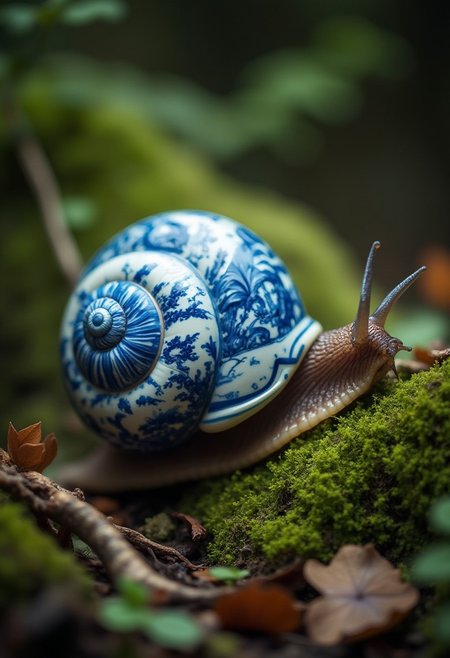 A close-up photo of a snail with a delicate porcelain shell designed in the style of Ming dynasty motifs, situated in a natural environment. The shell should be smooth and glossy, adorned with traditional blue and white patterns characteristic of Ming porcelain, featuring intricate floral designs, dragons, and scenes from nature. The porcelain should have a refined, slightly translucent quality, highlighting the fine craftsmanship and cultural heritage of the Ming era. The snail, with its moist and glossy body, should be realistically textured as it moves along a forest floor, surrounded by soft, green moss, small plants, and natural elements like fallen leaves and twigs. The natural setting should provide a gentle contrast, allowing the intricate Ming motifs on the snail’s shell to be the focal point while blending harmoniously with the environment.