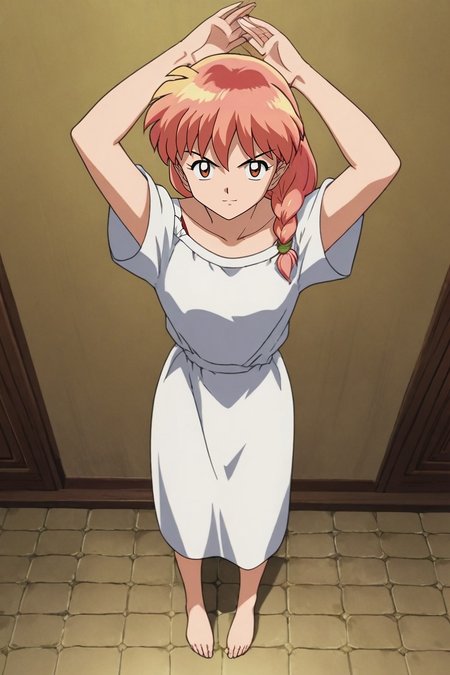 score_9, score_8_up, score_7_up, source_anime, rating_safe, intricate details, looking at viewer, , 1girl, amber eyes, strawberry blonde hair, side braid, ,, solo, from above, full body, palace, indoors, dark, arms above head, smirk, <lora:inuyasha_style_pony:1.0>, inuyasha_style, , <lora:sdxl_lightning_8step_lora:1>