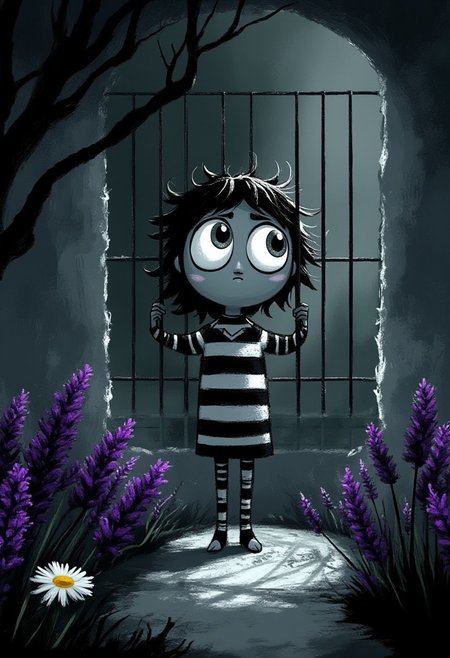 A whimsical illustration of a thin, stretched figure with enormous sorrowful silver eyes in dark whimsical art style, wearing black and white striped prison uniform, standing behind iron bars that cast long shadows, digital painting with moody brushstrokes showing worn textures and cold stone walls, dark stormy background with moonlight filtering through a tiny barred window, characteristic Tim Burton inspired design with hollow cheeks and long fingers gripping the bars, surrounded by wilting purple lavender growing through cracks in the cell floor, while a single white daisy pushes through the shadows