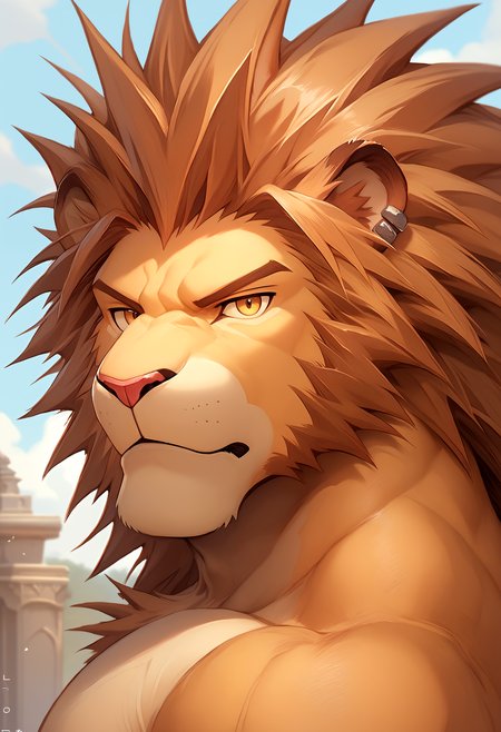 score_9, score_8_up, score_7_up, 8k, detailed design, detailed background, detailed characters, masterpiece, anthro only, furry only, 1boy, solo,  <lora:LeoRed_Earth-000001>, leo, lion boy,  lion ears, 1boy, furry male, muscular,mane, looking at viewer, close up, serious, side view,  outside,