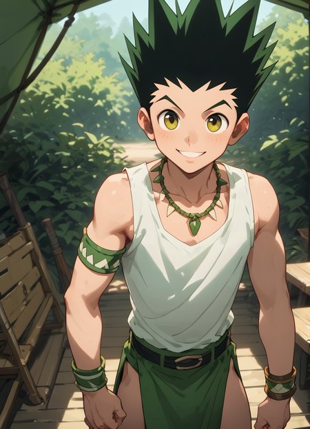score_9, score_8_up, score_7_up, ultra detailed, anime_source,amazing quality, best aesthetic, smooth,HD32k, Uncensored ,
 <lora:Gon_Freecss_PonyXL:0.8> Gon Freecss, HxH, 1boy, male focus, spiked hair, black hair, green hair, , White tank top, white shirt,loincloth,tribal, necklace, armband, bracelet,  animal print ,Childish temperament,18 years old, bishounen:1.3, emaciate physique , ,handsome:1.1,cute face,thin body,detailed eyes,high detail face,High-resolution facial details,colorful,Smooth skin, light smile,
standing,
screen focus on upper body,perfect shooting angle,
outdoor,camp, camp area, tent, wooden chair,
great anatomy,
<lora:add-detail-xl:0.8>,  <lora:g4n1m3XLP:0.6> g4n1m3,
 <lora:OtherStyle_08-Merge5_06_04_02_02:0.8>,,<lora:feet v3:0.8>  <lora:Expressive_H:0.8> Expressiveh,