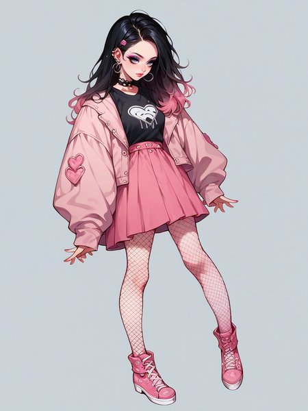 source_anime, score_9, score_8_up, score_7_up, score_6_up, score_5_up, <lora:egirlXLP:0.8> egirl, 1girl, solo, makeup, black hair, gradient hair, ear piercing, eyeshadow, fishnet pantyhose, full body, blue, pink, white