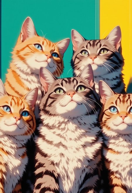Five cute cats of different colors, gathered together and looking in the same direction.Look at viewer
 They have soft fluffy furs, large expressive eyes and calm, friendly expressions of faces. The background is made in bright colors: green, blue and yellow shades create a pleasant contrast with the cats.