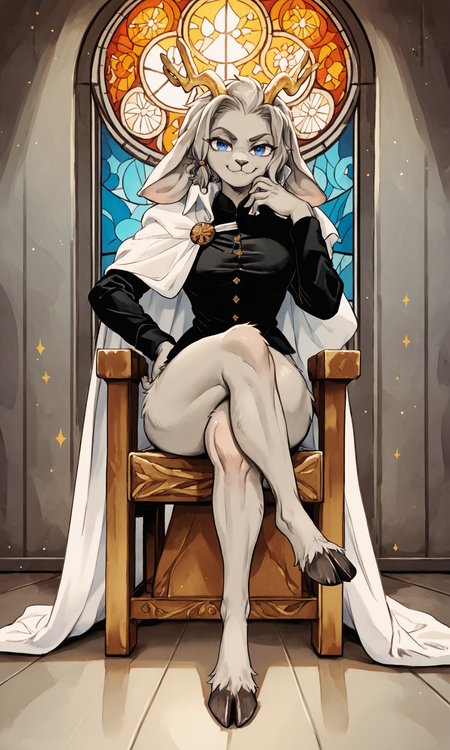 score_9, score_8_up, score_7_up, score_6_up, score_5_up, score_4_up, <lora:ayami_kojima_castlevania_pony:0.8> kojima ayami, castlevania, inside, throne room, front view, window, stained glass BREAK
<lora:Sybil PseudoregaliaPDXL:1> Sybil, furry, female, grey body, golden antlers, blue eyes, looking at viewer, smug, smile, floppy ears, spread arms, black shirt, white cape, sitting, wide hips, digitigrade, cloven hooves, (crossed legs:1.1), hand on chin, hand on hip, head tilt