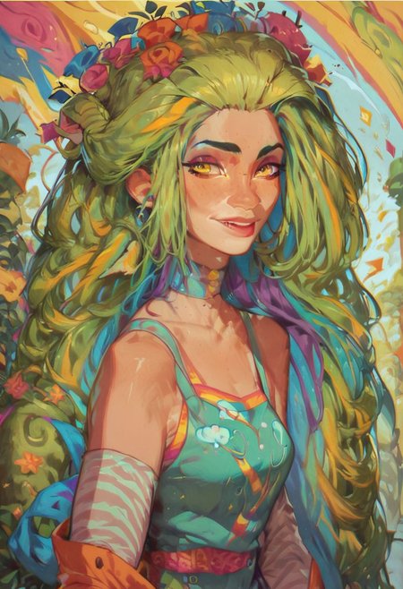 score_9, score_8_up, score_8, 1girl, smooth, highly detailed, green hair, perfect, high quality, yellow eyes, rainbow style, vibrant colors, vivid colors,