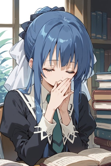 score_9, score_8_up, score_7_up, score_6_up,
 <lora:Tamao_Suzumi:1> tamao, miator, 1girl, solo, closed eyes, blue hair, covering mouth, long hair, book, necktie, long sleeves, bow, hand over own mouth, hair bow, ribbon, school uniform, sidelocks