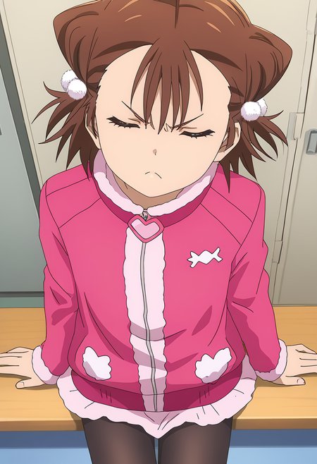 <lora:Ryouka_MIKETA:1>,
Ryouka_MIKETA,brown hair,cone hair bun,double bun, hair ornament,short hair,pink jacket,long sleeves,black pantyhose,skirt, looking at viewer,closed mouth,angry,cowboy_shot,from_above,sitting,solo,dynamic_angle,arms_crossed,locker room,standing,facing_away,closed eyes,pout
