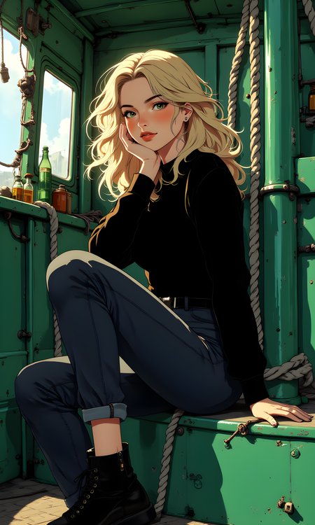 A woman with long, wavy hair sitting on the deck of a boat. She is leaning against a green metal structure, which appears to be part of the boat's hull. Her pose is relaxed and casual, with one hand resting on her knee and the other raised near her face.
Her facial expression is confident and slightly playful. She has a slight smile on her lips, and her eyes are looking directly at the camera, creating a sense of connection with the viewer. The overall mood conveyed by her expression is one of ease and self-assurance.
She is seated with her legs crossed at the ankles, giving a relaxed and comfortable appearance. One arm is bent, with her hand resting on her knee, while the other arm is raised, with her hand near her face. This pose adds a dynamic element to the image, making it more engaging and interesting.
The woman is dressed in a black long-sleeved top and dark jeans, which create a sleek and stylish look. The top fits snugly, accentuating her figure, while the jeans are slightly cropped, revealing her ankles. She is also wearing black boots, which add a touch of edginess to her outfit. The overall style is modern and chic, suitable for a casual yet fashionable setting.
The camera is positioned at eye level, capturing the woman from a frontal perspective. This angle allows for a direct and intimate view of her face and upper body. The framing is tight, focusing primarily on her and the immediate surroundings.
The lighting in the image is soft and diffused, likely from natural light coming through the windows or openings of the boat. The light highlights her features and the texture of her clothing, creating a warm and inviting atmosphere. The shadows are gentle and subtle, adding depth and dimension to the image without overpowering the subject.
The background features the interior of a boat, with various elements such as ropes, bottles, and other nautical items scattered around. The green metal structure she is leaning against is a prominent feature, providing a strong visual anchor for the image. The overall setting suggests a maritime environment, adding a unique and interesting context to the scene.
The composition is well-balanced and harmonious, with the woman centered in the frame. The lines of the ropes and the structure of the boat guide the viewer's eye through the image, creating a sense of movement and interaction. The contrast between the dark tones of her clothing and the lighter background enhances the overall visual impact. The overall effect is one of casual elegance and timeless beauty, capturing a candid and stylish moment in a nautical setting.
BREAK j_art, anime art, <lora:FLUX\RetroAnimeS1.1:0.1>, <lora:FLUX\GLSHS:0.1>, <lora:FLUX\Dieselpunk Delight - s0_9 g4:0.1>, <lora:FLUX\Anime Art V3:0.1>, <lora:FLUX\jul\J_Anime:1.0>