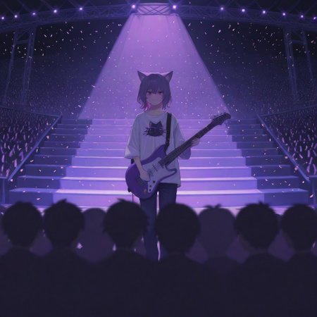 Here's a prompt to generate an image similar to the one you provided: **Prompt:** Anime style illustration of a young male guitarist on stage. He has dark, tousled hair and a somewhat serious expression. He's wearing a white long-sleeved shirt with a stylized cartoon cat graphic on it. He is holding a bright pink electric guitar. The background is a concert stage with blurred figures of a crowd, bright purple stage lights, and a shower of confetti. The overall style is vibrant and colorful with sharp details.