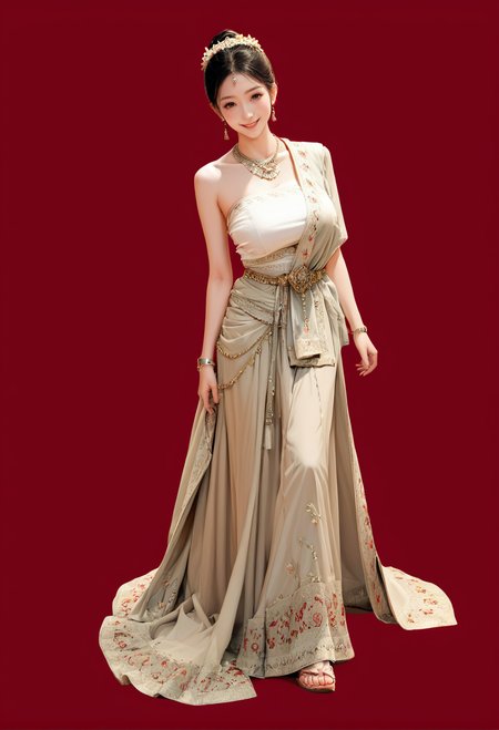 1girl,red background,,ruanyi1012,sari,dress,tube top,necklace,jewelry,bracelet,
full body,<lora:1012 traditional clothing 1_v1_pony:1>, score_9, score_8_up, score_7_up, score_6_up, score_9, score_8_up, score_7_up, score_6_up source_anime, blush, 1girl, seduce smile, perfect body , natural huge breasts