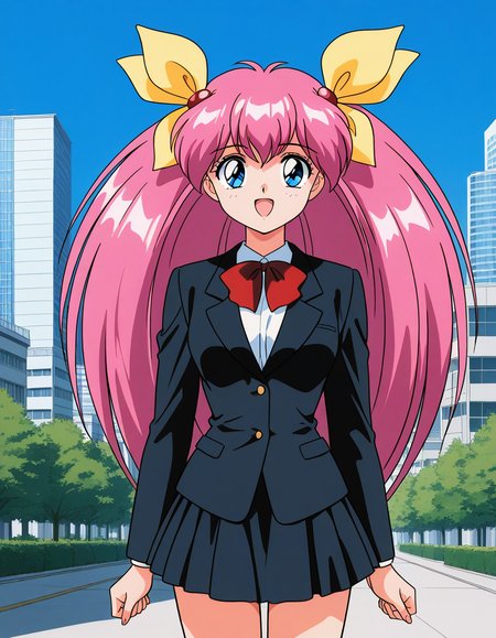 general,highres, ultra-detailed,very aesthetic,best quality ,best hands,  BREAK <lora:Hanasaki_Momoko_IS:1>Hanasaki_Momoko, 1girl,solo, long hair, pink hair, blue eyes, yellow bow, breasts, a, hair bow, twintails, very long hair, hair ribbon, 1990s (style),anime coloring, smile,looking at viewer, cowboy_Shot,
open mouth, black jacket, long sleeves, bow, school uniform, upper body, blazer, skirt, ribbon, shirt, bangs, looking at viewer, black skirt,
outdoor, day, sky, city,