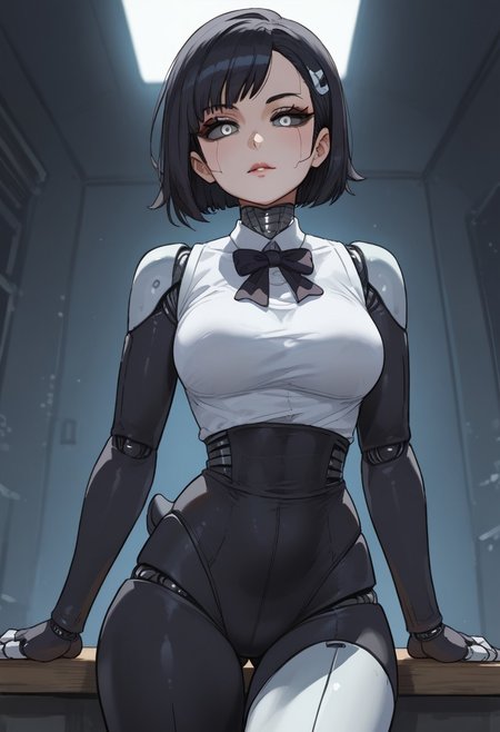 <lora:StS_PonyXL_Detail_Slider_v1.4_iteration_3:4>, score_9, score_8_up, score_7_up, score_6_up, source_anime, ultra quality, clear lines, look at viewer,  (/kaywai style), (anime style), 1 girl, solo, animatronic girl, robot girl, penguin tail, black hair, black sclera, grey eyes, penguin skin, penguin outfit