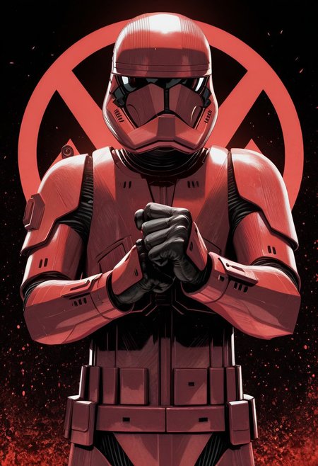 detailed background, cowboy shot, solo, 1boy, SithTrooper, red armor, red helmet, black visor, arm raised in the air, balled fist, black background, red  Sith Eternal logo in background, detailed scenery, masterpiece, best quality, very aesthetic, newest, masterpiece, best quality, amazing quality, very aesthetic, absurdres, newest,, high res, ultra detailed, best quality, best artwork, detailed eyes, (eyes focus), perfect eyes, big iris, pupils visible, anthro hands, claws, 4k, ultra quality, perfect face, absurdres,masterpiece,best quality,amazing