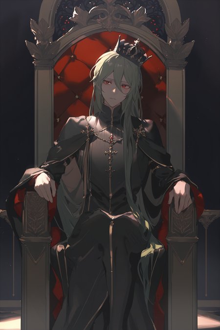 masterpiece,best quality,1boy,medieval lord,androgynous,extremely beautiful,very long hair,light green hair,hair between eyes,red eyes,sitting on throne,expressionless,(bored:0.6),black robe,royal costume,black crown,luxury,dark,night,indoor,<lora:Rella:0.6>,<lora:REIKOXLlokr8f:0.25>,