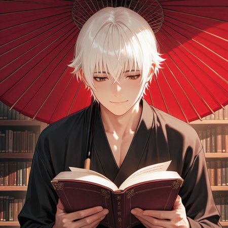 masterpiece, best quality, amazing quality, absurdres, newest, detailed background, definition so sharp, Ultra-HD, 8K cinematic, very awa, impressionate, amazing quality, highres, 
solo, male focus, manly, 
yashiroisana, 1boy, short hair, bangs, shiro_white hair, shiro_brown eyes, oil-paper umbrella, seated, reading a book, calm expression, slight smile, aesthetic, library, soft light, bookshelves, peaceful, joyful, gentle